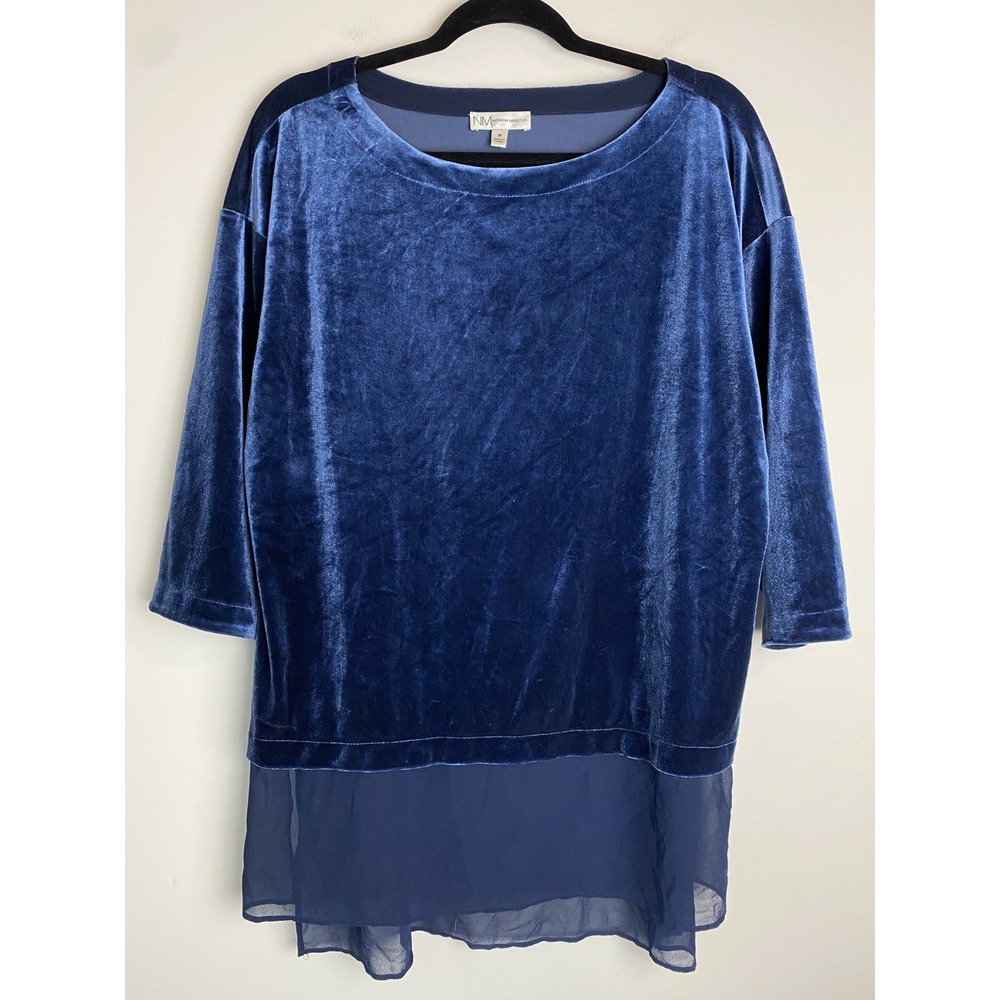 Neiman Marcus Womens Velvet Sheer Hem Tunic Top M Navy Chiffon Holiday‎ Office